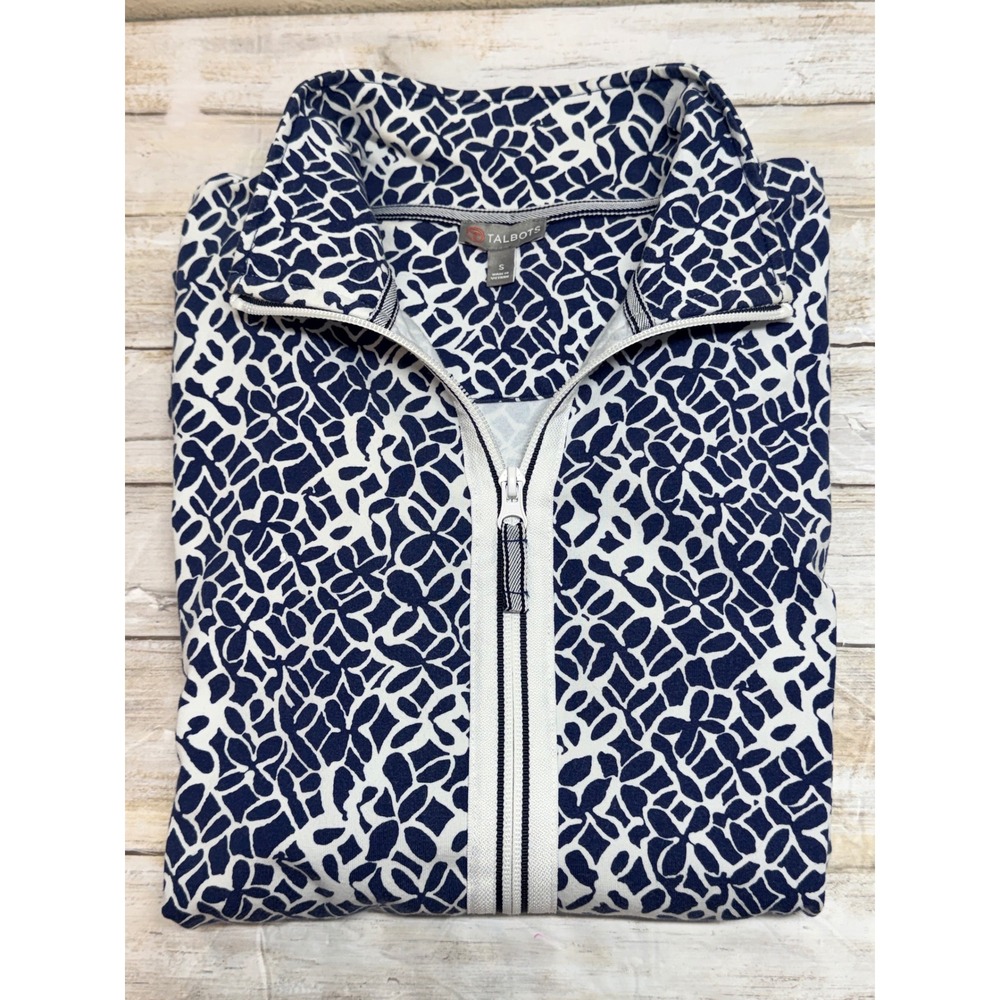 Talbots Women's Navy White Geometric Full Zip Jacket Mock Neck Size Small EUC